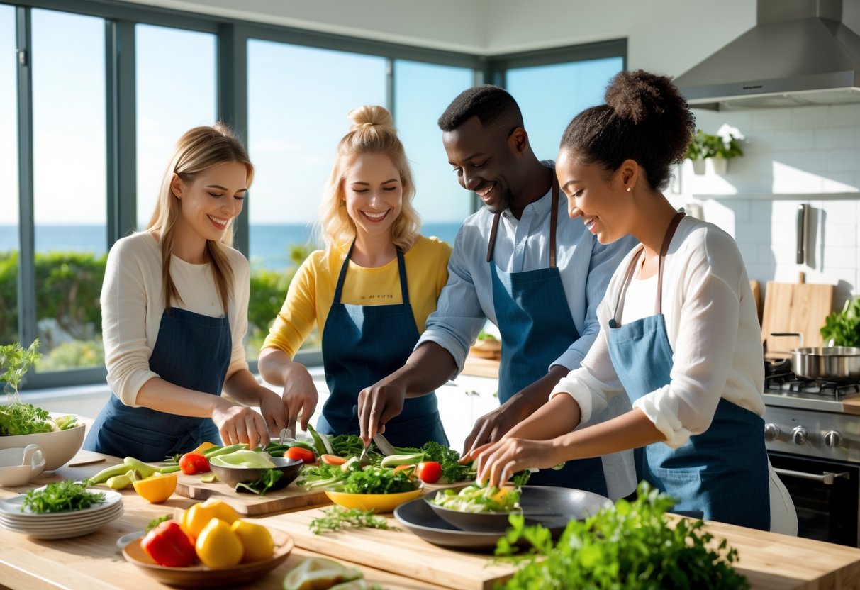 Couples cooking together in a bright kitchen with large windows showing a sunny outdoor view.