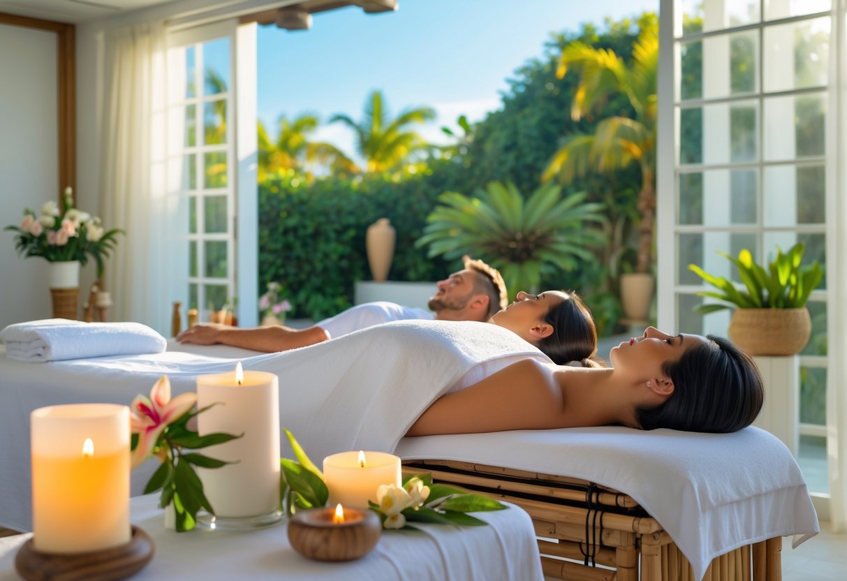 A couple receiving massages side by side in a bright spa room with large windows showing green plants and blue sky outside.