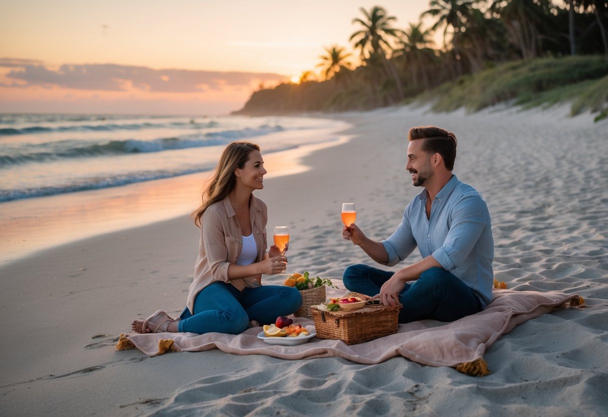 A couple having a picnic on a sandy beach at sunset with palm trees and ocean waves in the background.