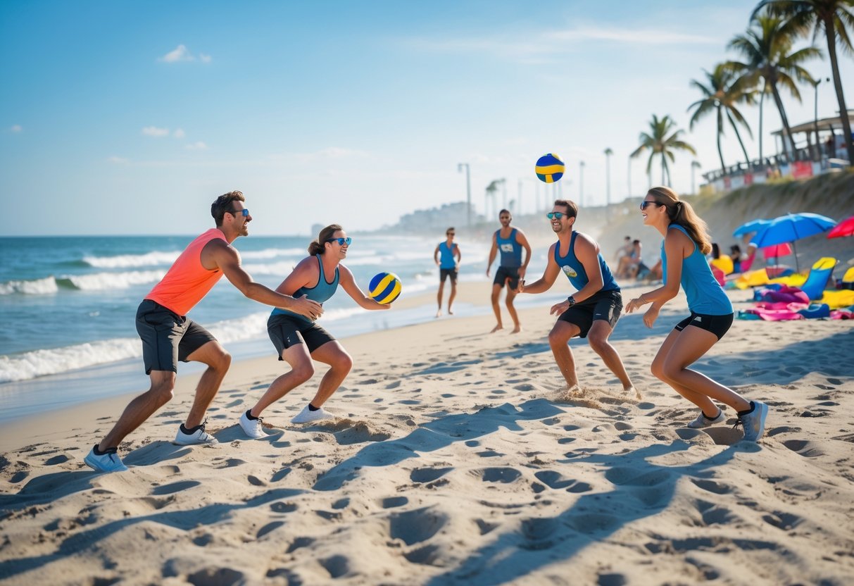 People playing beach volleyball on the sand near the ocean on a sunny day with palm trees and beachgoers in the background.