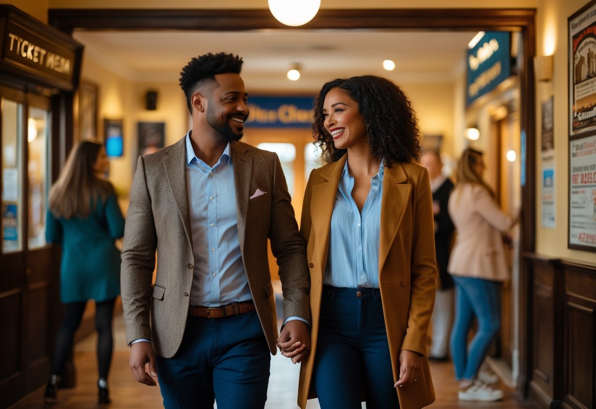 A couple entering a local community theatre lobby, smiling and holding hands, surrounded by other visitors and theatre decor.