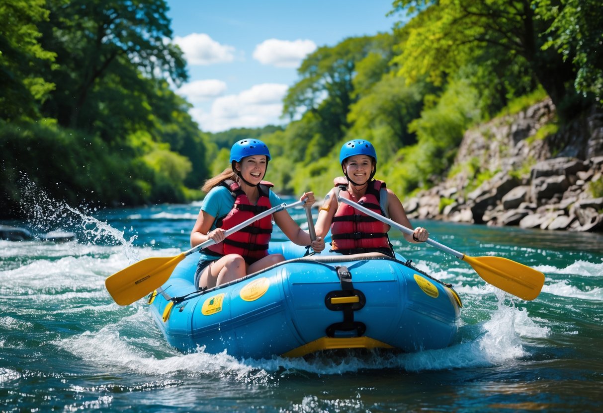 A couple wearing helmets and life jackets paddling together in a raft on a river surrounded by trees and rocks.