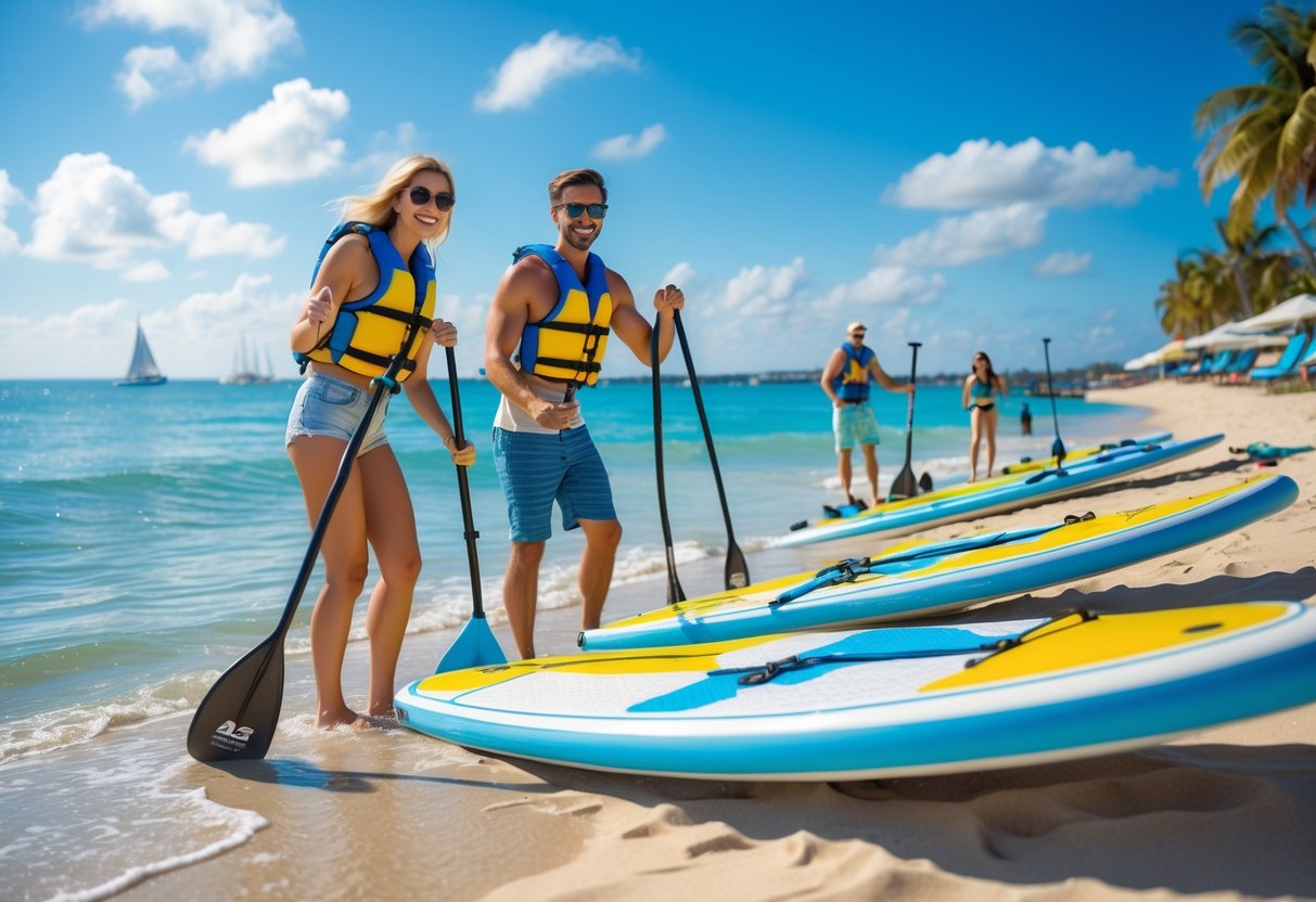 A young couple preparing paddleboards on a sandy beach near clear blue water on a sunny afternoon.