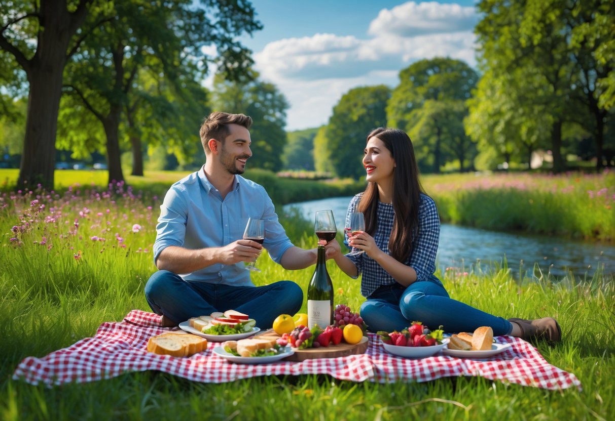 A young couple having a picnic on a blanket in a green park with trees and a river in the background.