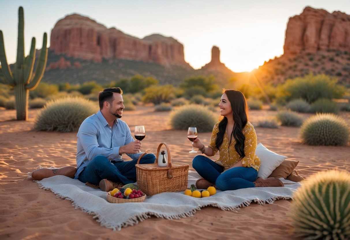 A couple enjoying a sunset picnic together in a desert with red rock formations and cacti around them.