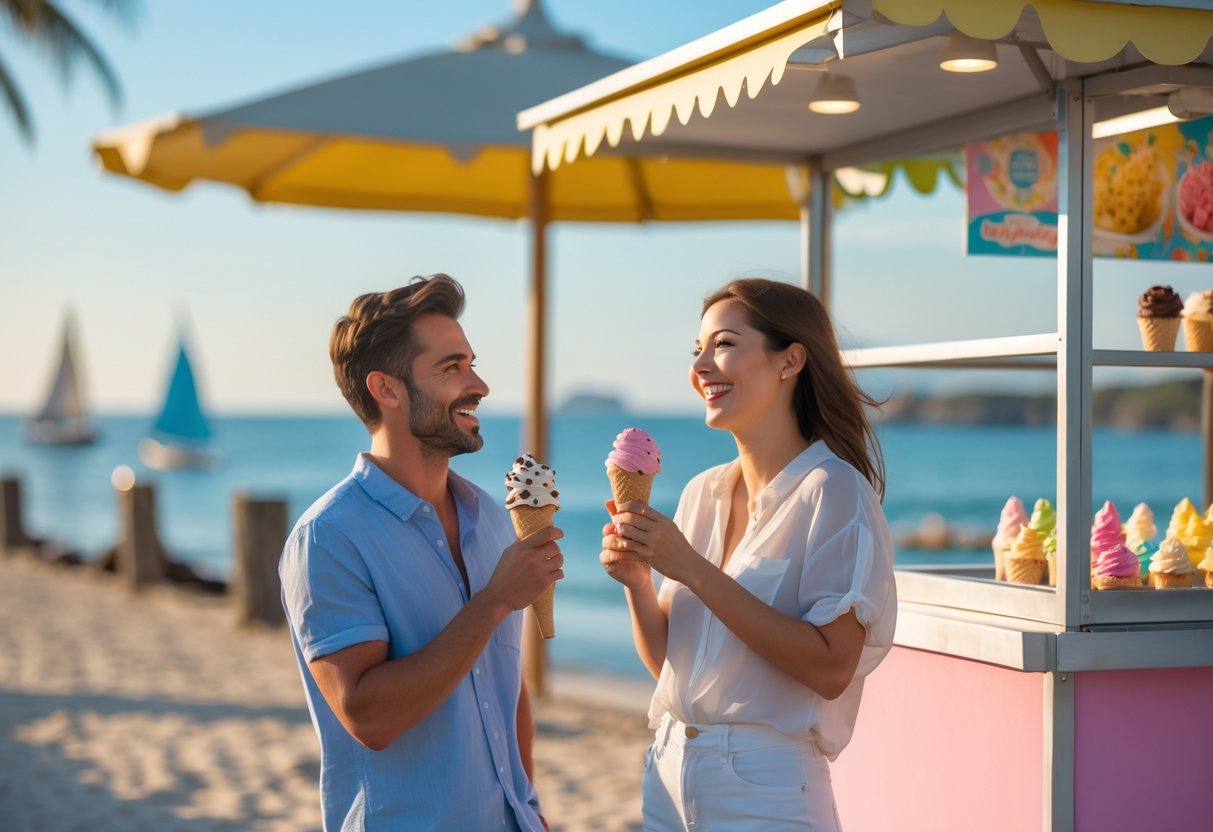 A couple enjoying ice cream from a stand near the beach on a sunny afternoon.