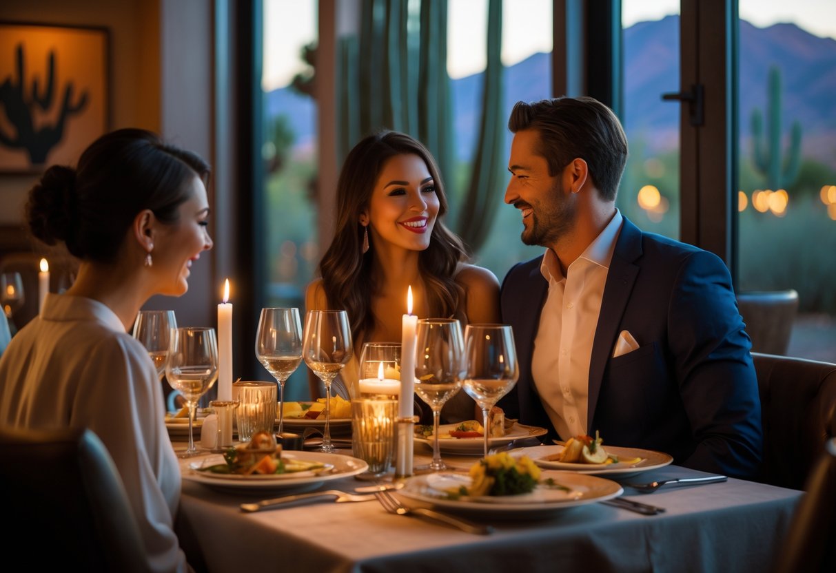 A couple enjoying a romantic dinner at an elegant restaurant with warm lighting and stylish decor.