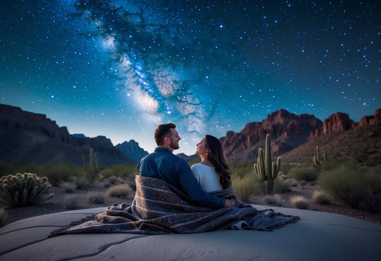 A couple wrapped in a blanket sits on a rock at night in White Tank Mountain Regional Park, looking up at a star-filled sky with the Milky Way visible above desert mountains.