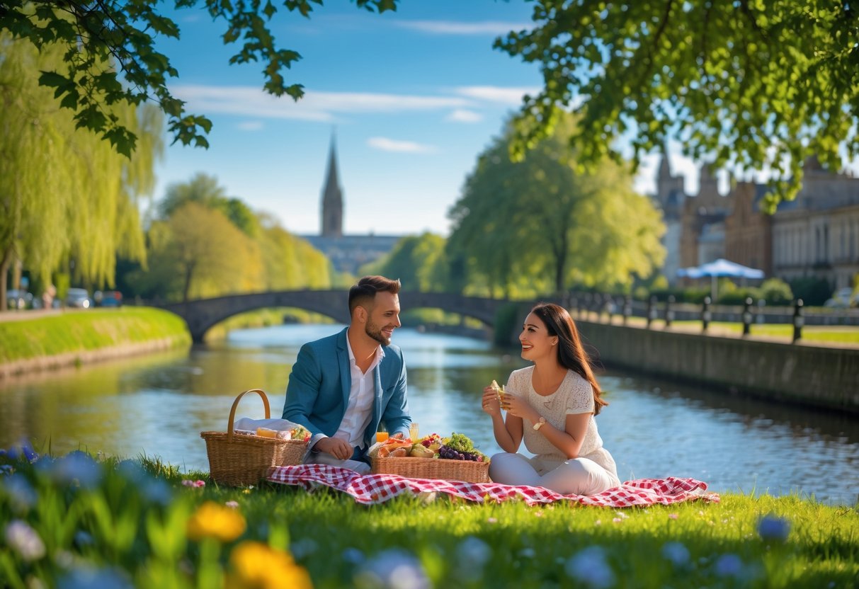 A happy couple enjoying a picnic together in a green park with trees and water in the background.