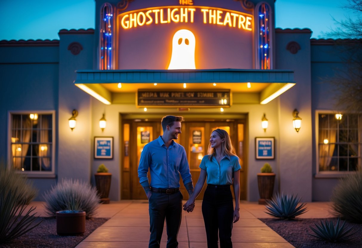 A young couple holding hands and smiling outside a warmly lit vintage theater at twilight.