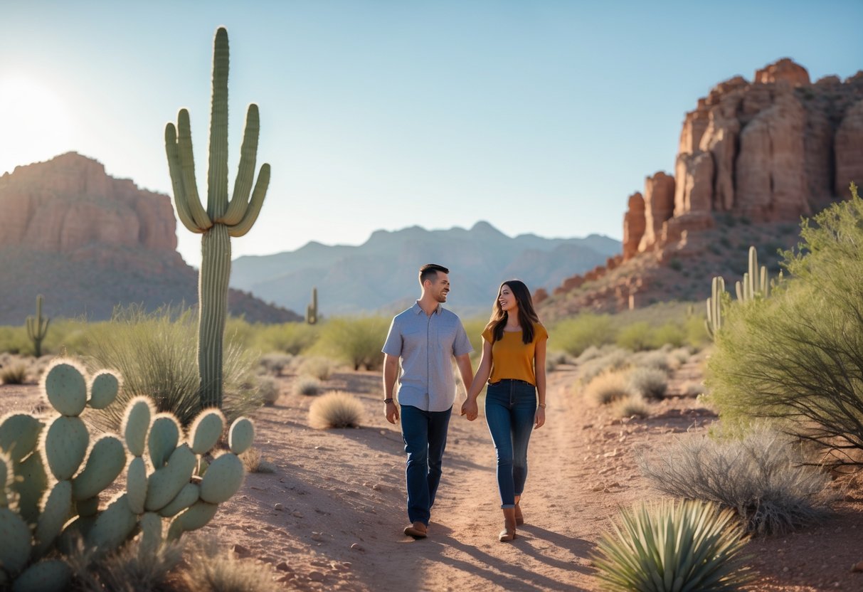 A couple walking hand-in-hand on a desert trail surrounded by rocks and cacti at White Tank Ranch in Arizona.