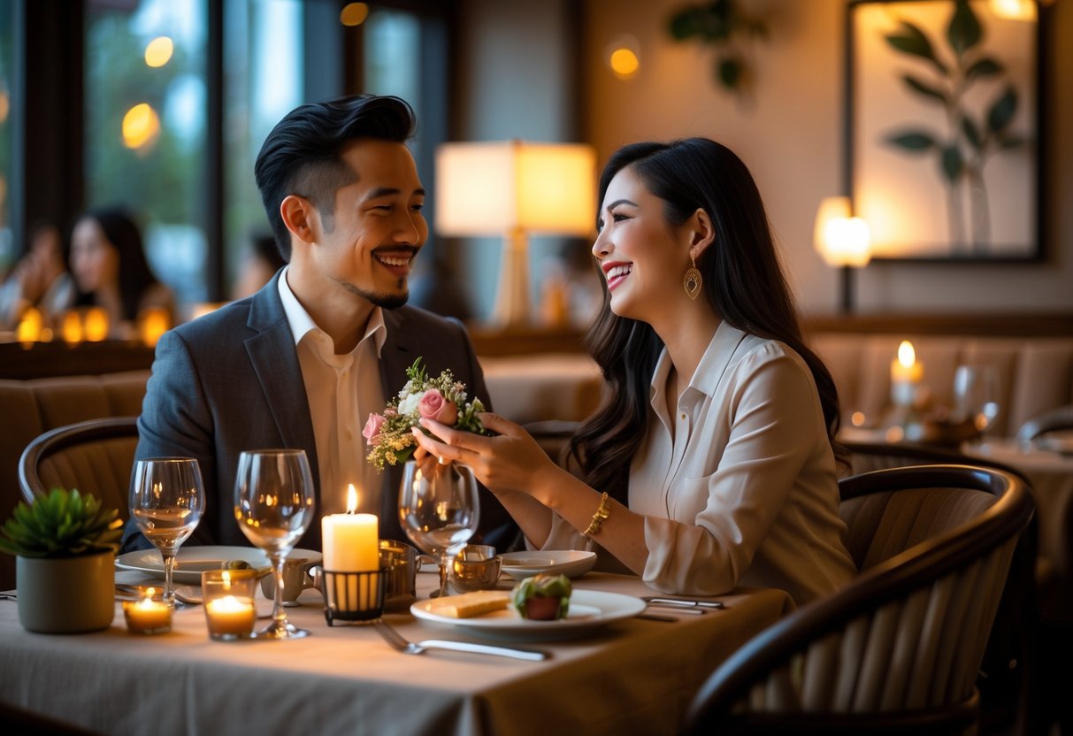 A couple enjoying a surprise date at a cozy restaurant, smiling and exchanging a small gift at a candlelit table.