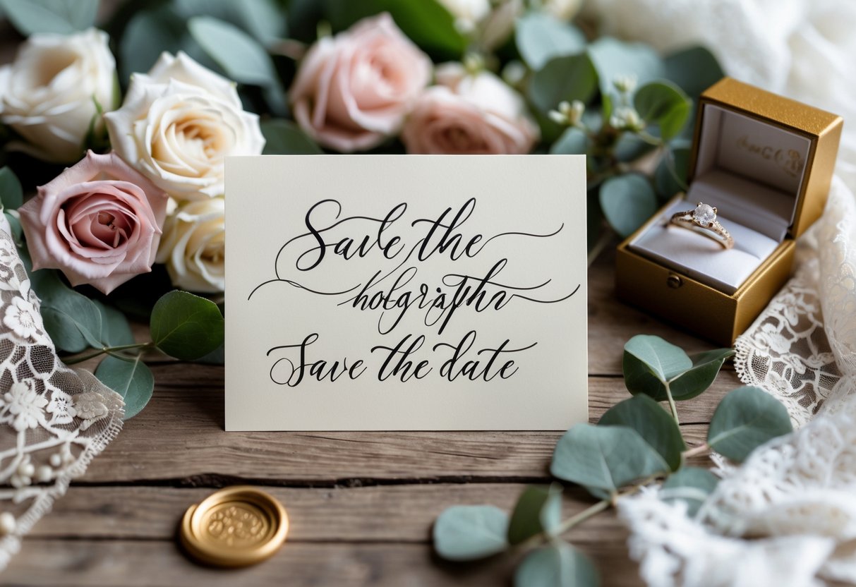 A wedding save the date card surrounded by roses, eucalyptus leaves, a gold ring box with an engagement ring, and wedding decorations on a wooden table.