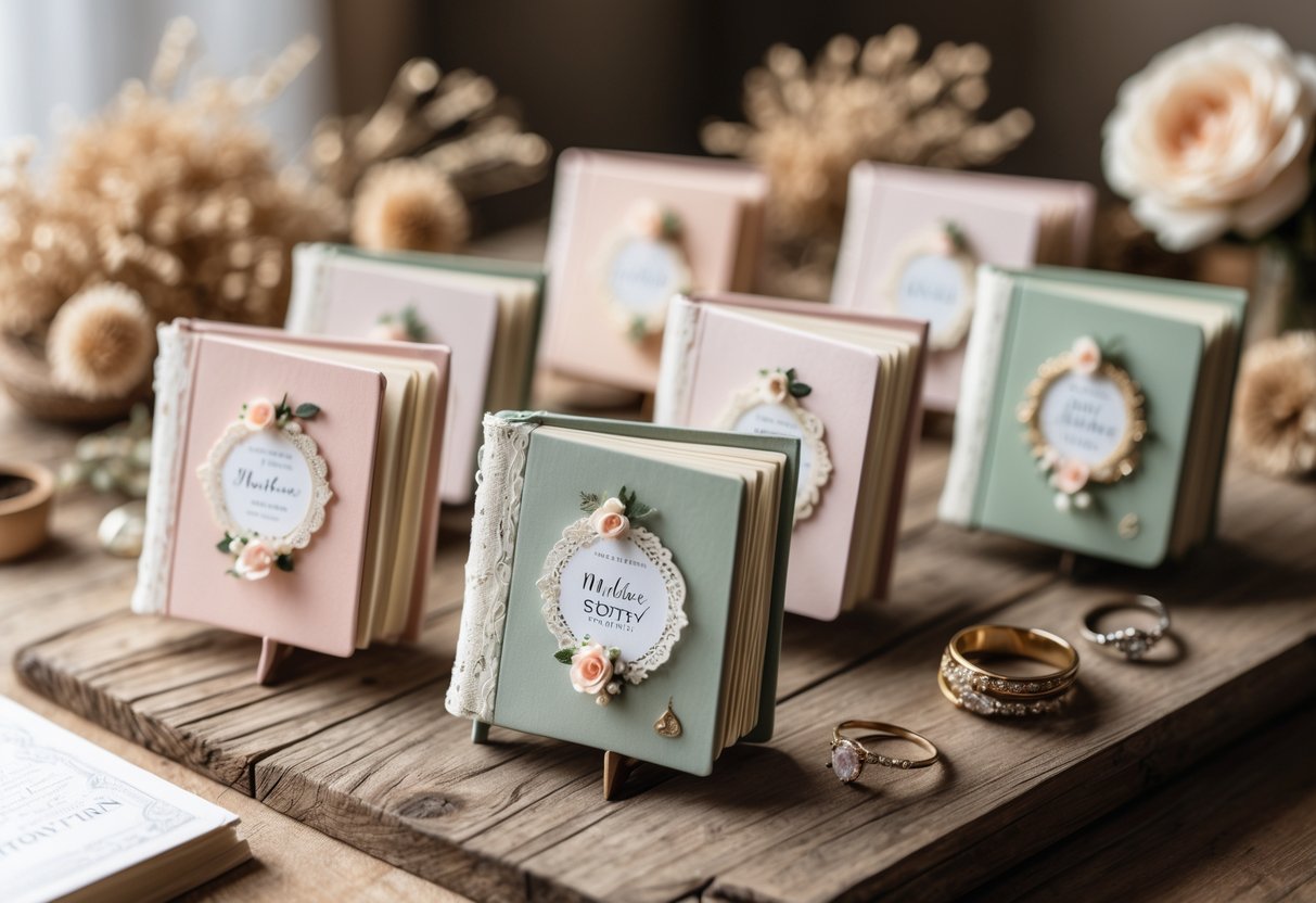 A close-up of miniature wedding storybooks arranged on a wooden table with small dried flowers and wedding rings nearby.