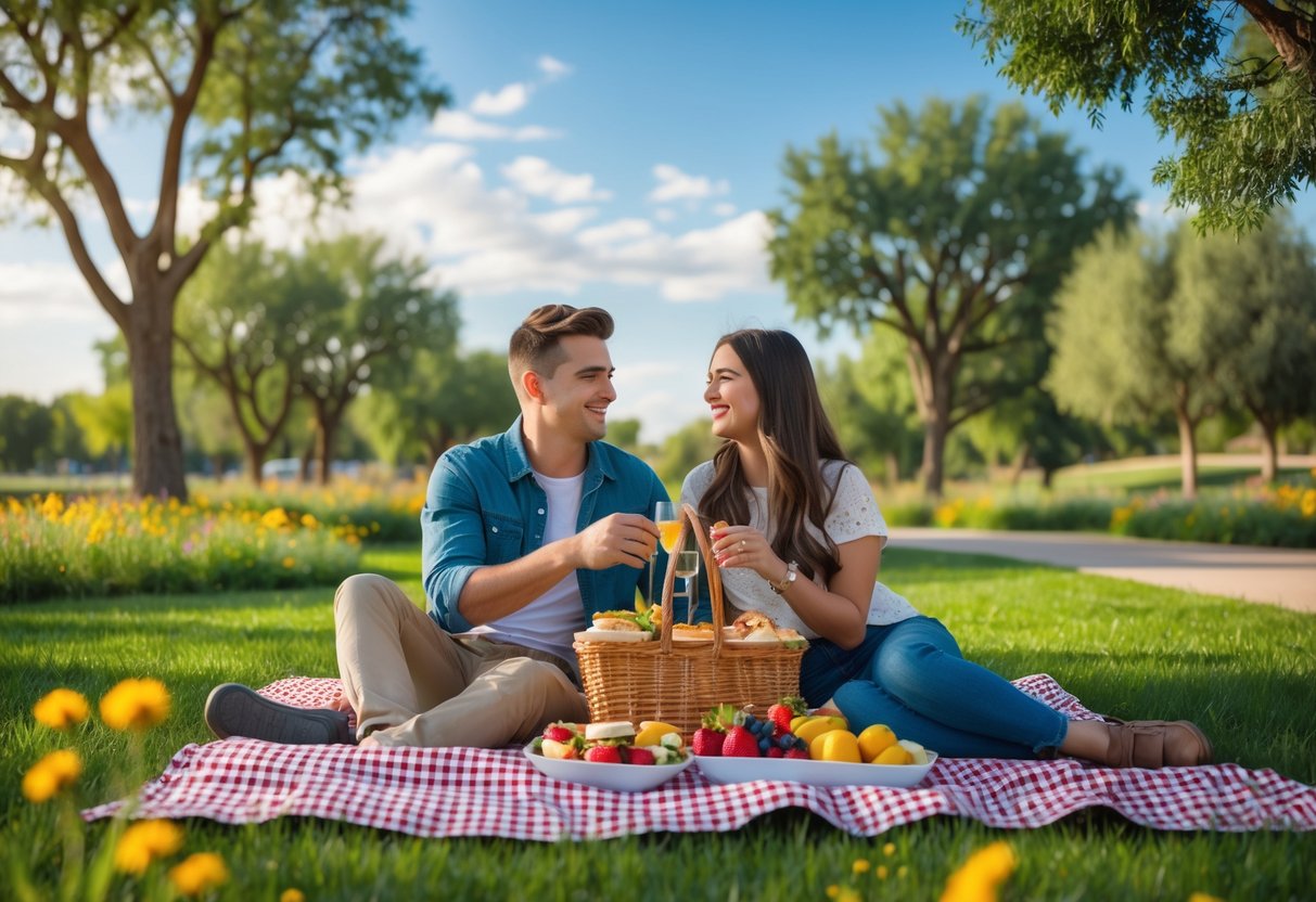 A young couple having a picnic on a blanket in a green park with trees and flowers under a blue sky.