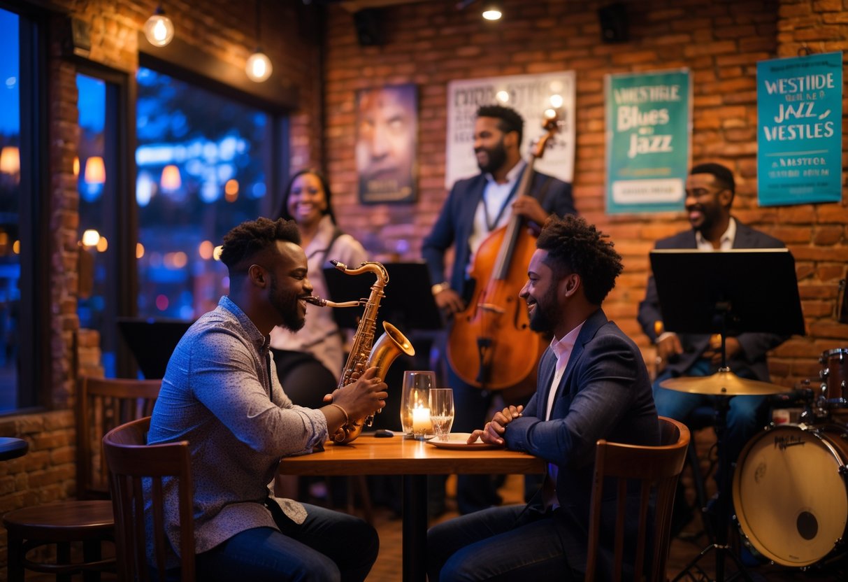 A couple enjoying live jazz music at a cozy indoor venue with a band performing on stage and other people seated around them.