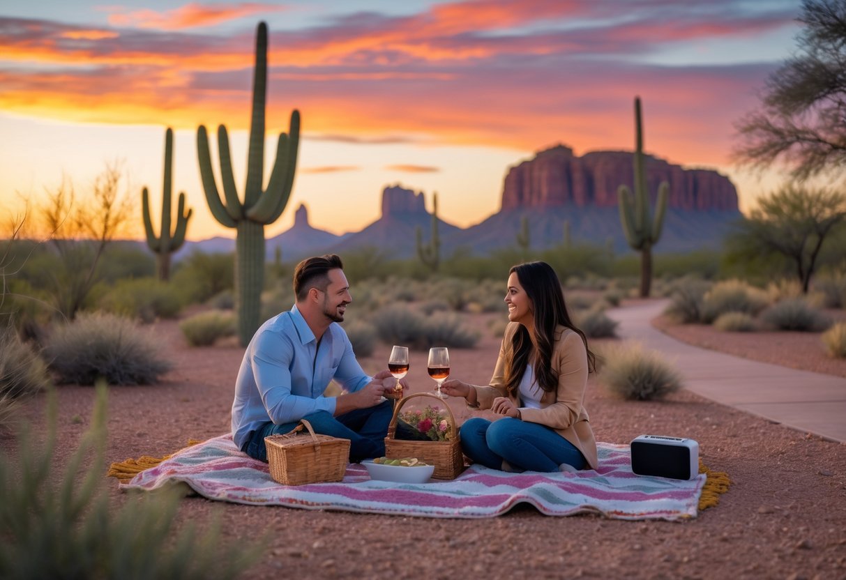 A couple enjoying a sunset picnic together in a desert park with cacti and red rock formations in the background.
