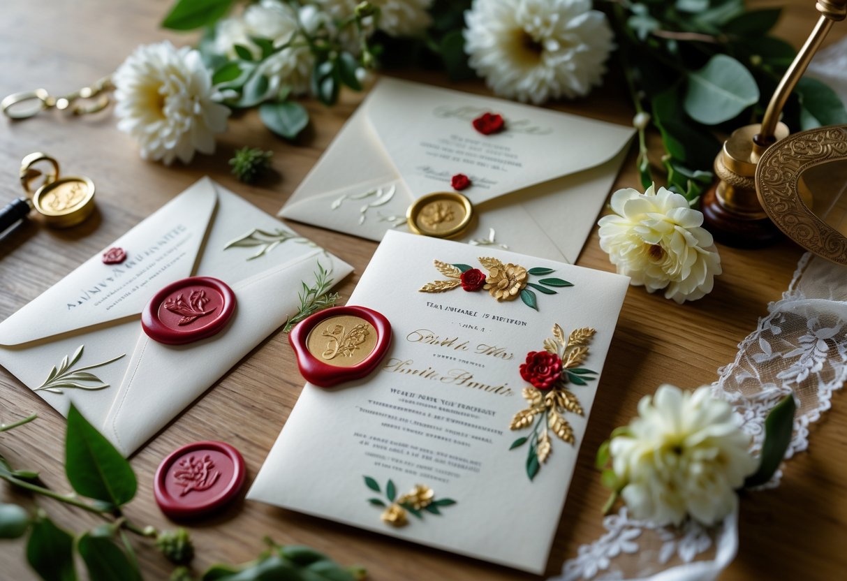 Close-up of luxury wedding invitations with wax seals and floral decorations on a wooden surface.