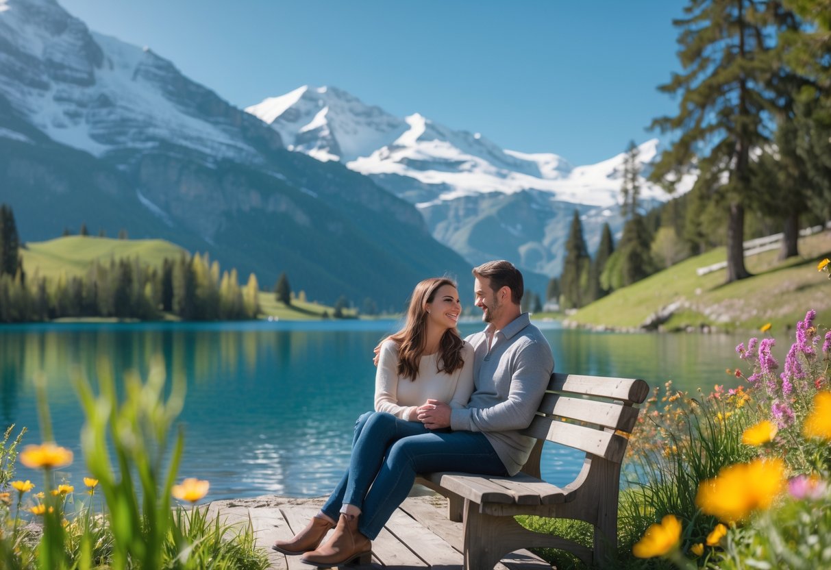 A couple sitting on a bench by a clear lake with snow-covered mountains and pine trees in the background, enjoying a peaceful moment together.