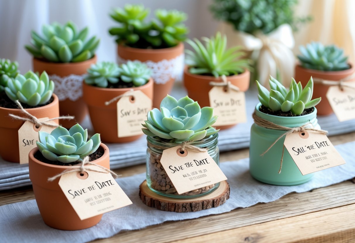 A collection of small succulent plants in various handmade planters with rustic date tags attached, arranged on a wooden table.