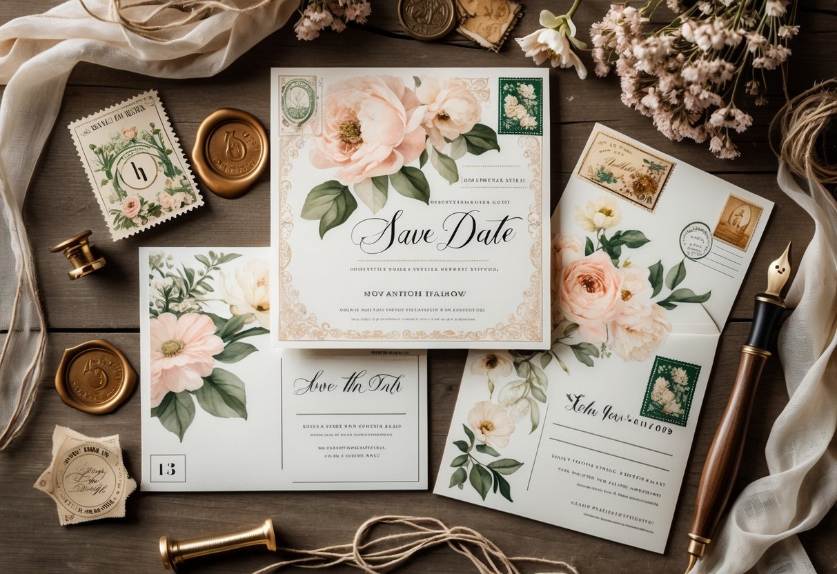 Flat lay of vintage wedding save the date postcards with floral designs, antique stamps, dried flowers, and a fountain pen on a wooden surface.
