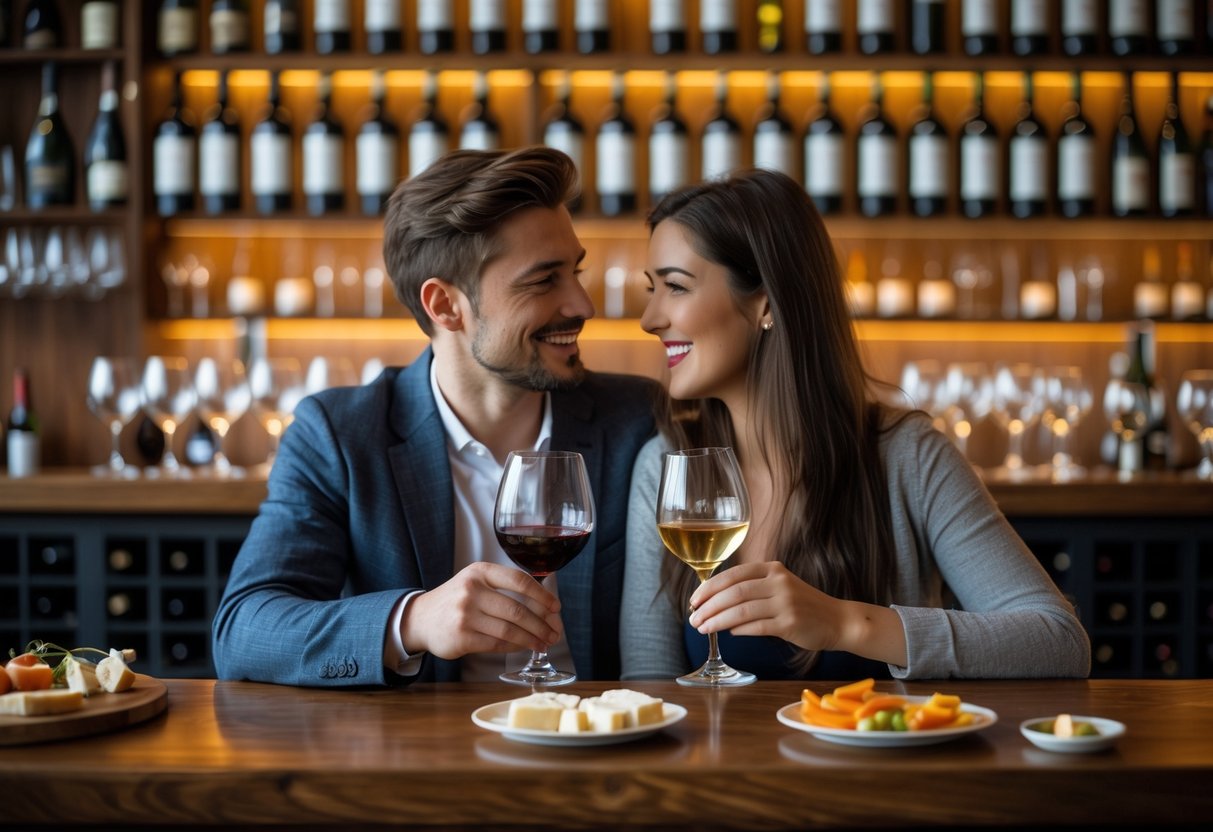 A young couple enjoying wine tasting together at a local bar, sitting at a wooden counter with wine glasses and small plates in front of them.
