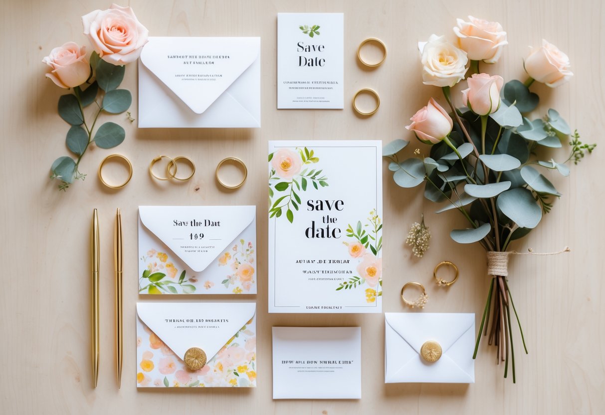 Flat lay of wedding save the date cards, envelopes, flowers, pens, and rings arranged on a wooden surface.