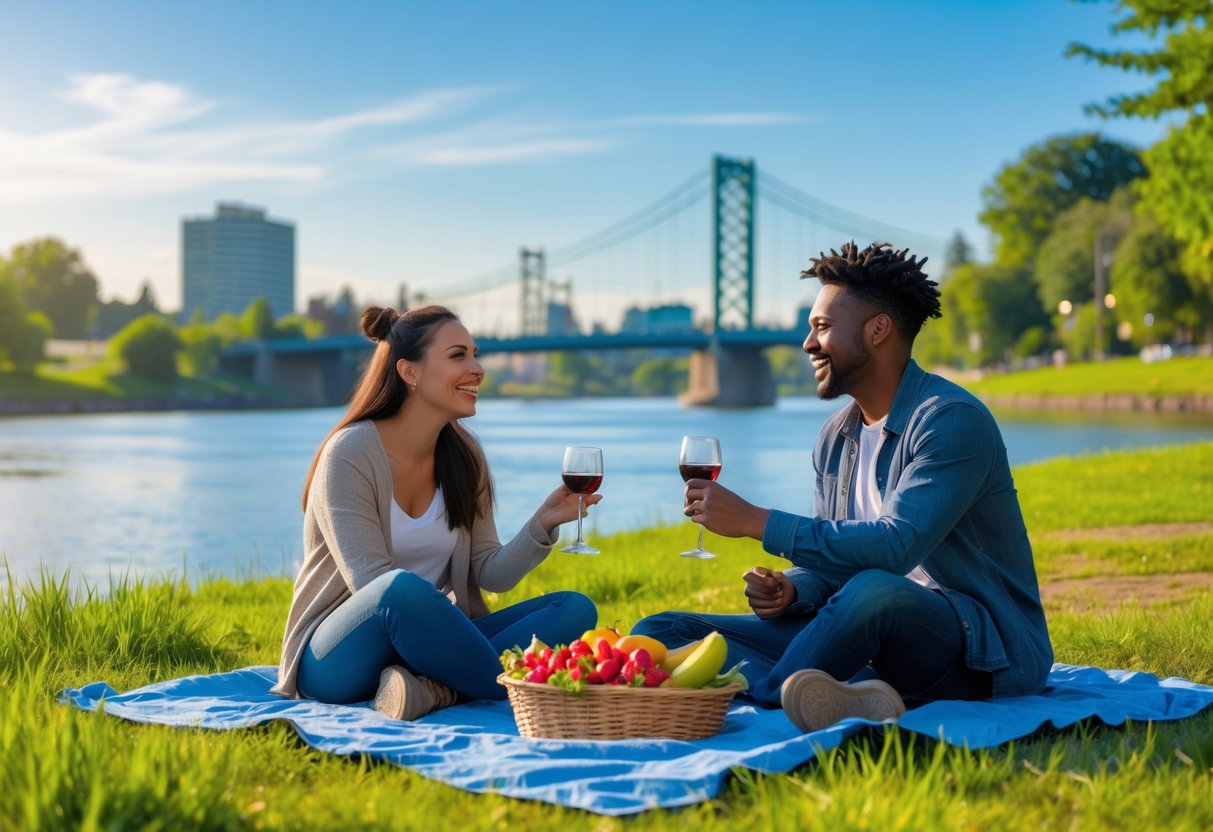 A young couple sitting on a picnic blanket by a river, enjoying a sunny day together with trees and a bridge in the background.