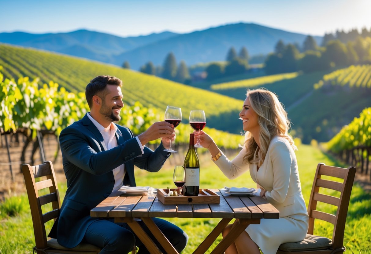 A couple enjoying wine tasting at an outdoor table surrounded by vineyards and hills in Columbia Valley.