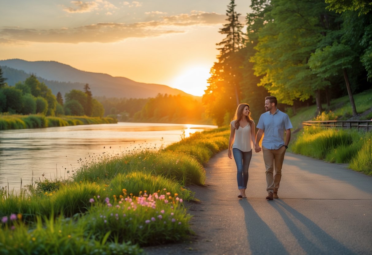 A couple walking hand in hand along a riverside path at sunset with trees, a calm river, and hills in the background.
