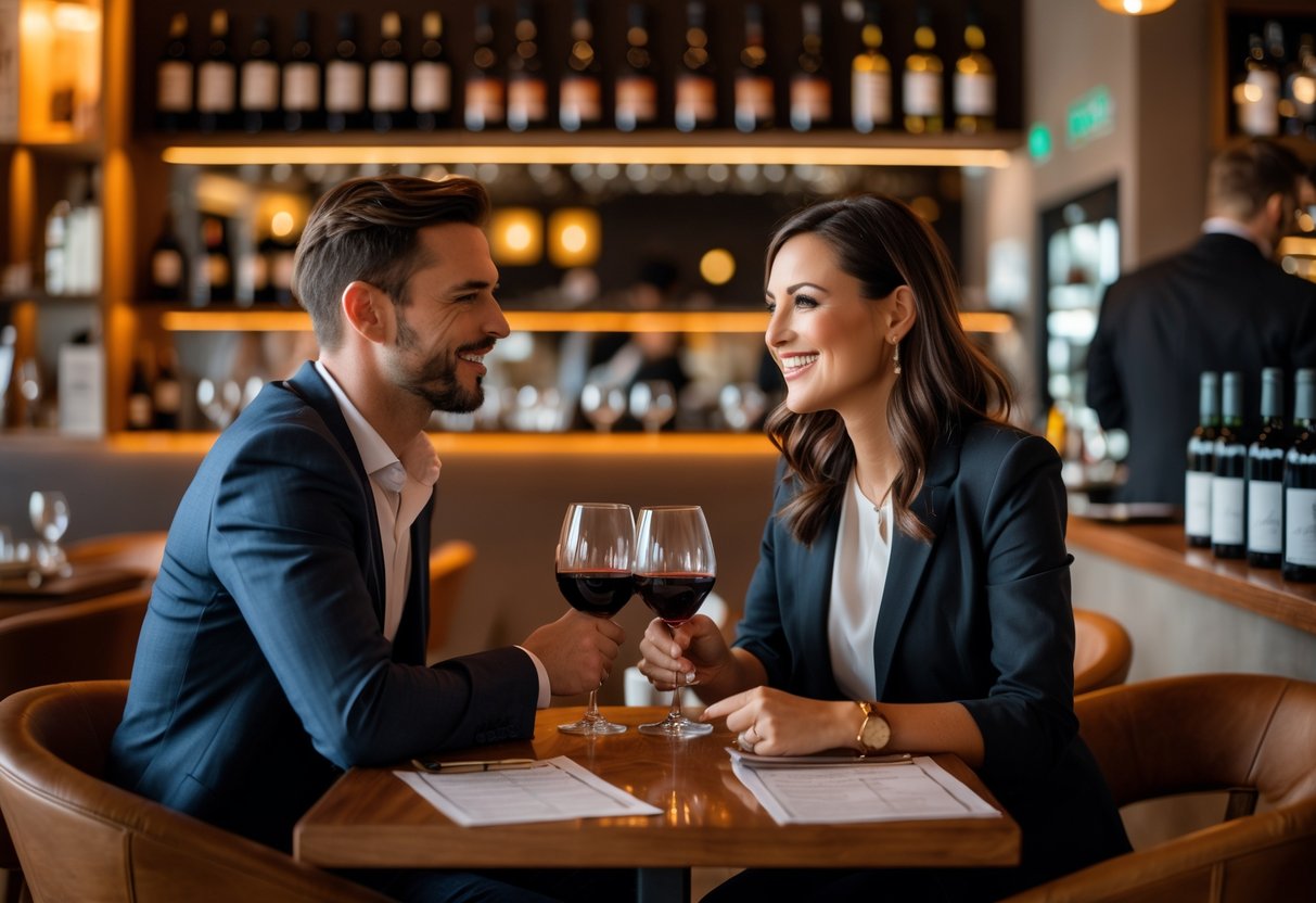 A couple seated at a table enjoying wine tasting at a stylish wine bar with bottles on shelves in the background.