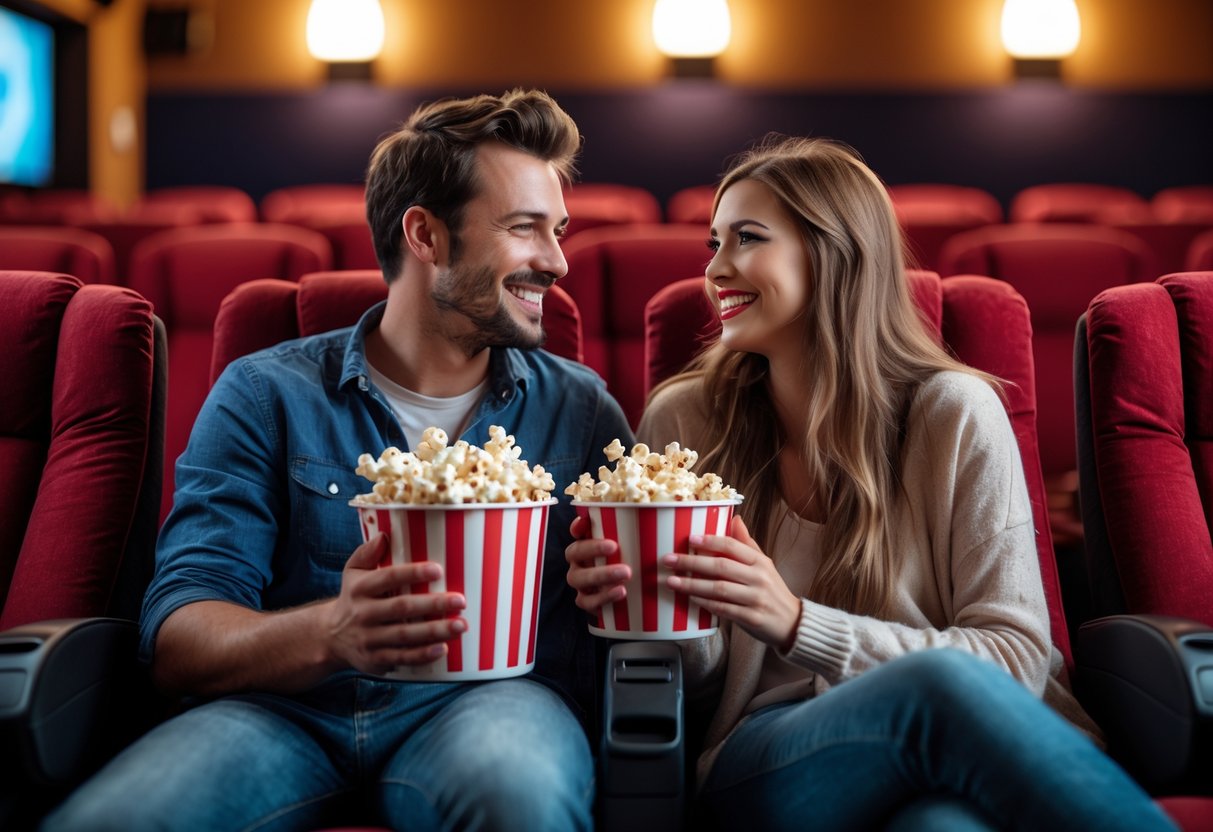 A young couple sitting together in a movie theater, sharing popcorn and smiling.