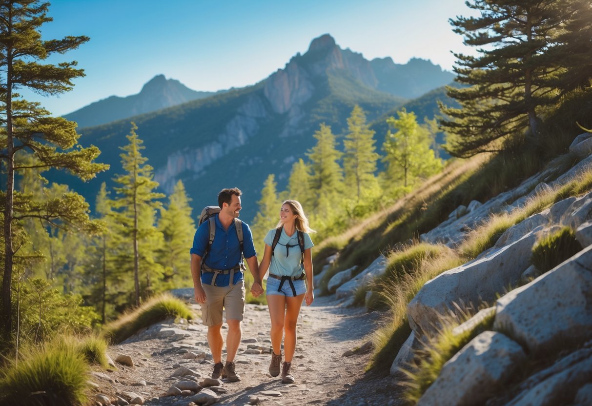 A couple hiking hand-in-hand on a forest trail in the White Mountains with mountain peaks in the background.