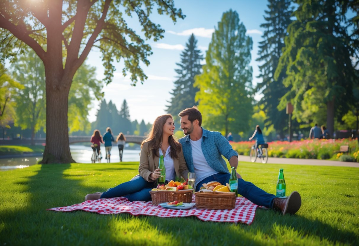 A couple enjoying a picnic on a blanket in a green park near a river with trees and flowers around them.