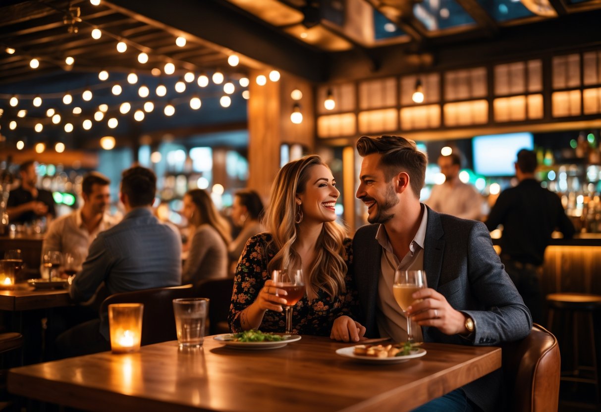 A couple enjoying live music at a busy restaurant and bar with a small band performing on stage and other diners in the background.