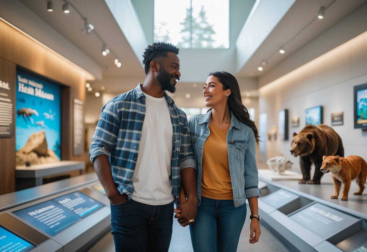 A couple exploring exhibits inside a bright and modern museum.