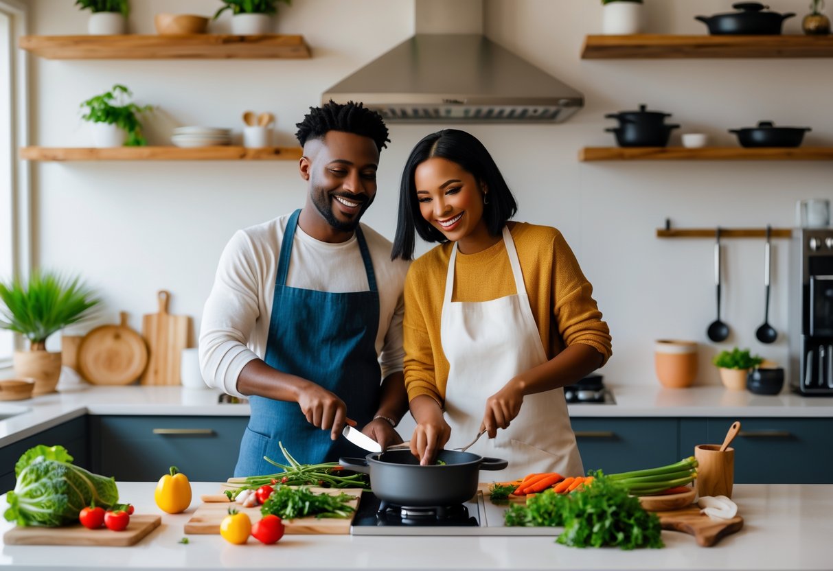 A couple cooking together in a modern kitchen studio, smiling and preparing food on a countertop.