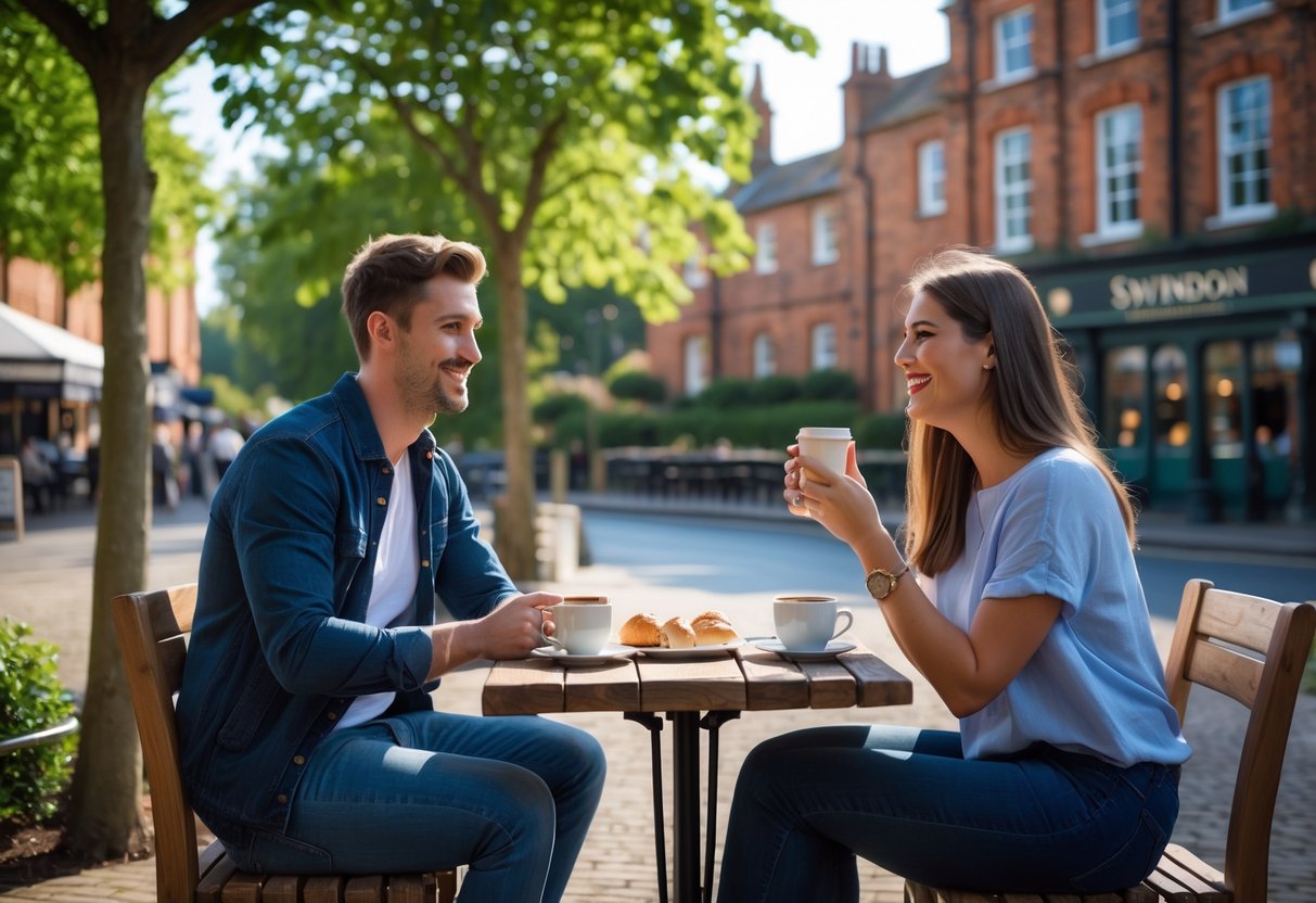 A young couple enjoying coffee together at an outdoor café near historic buildings and trees in Swindon.