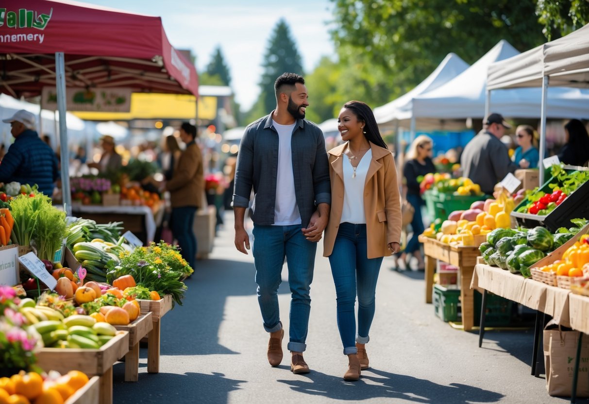 A couple walking hand-in-hand through a busy outdoor farmers market with colorful produce and vendors around them.