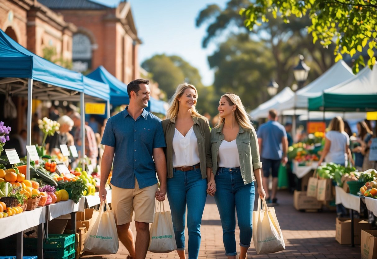Couples walking and shopping at a busy outdoor farmers market with colorful stalls and fresh produce.