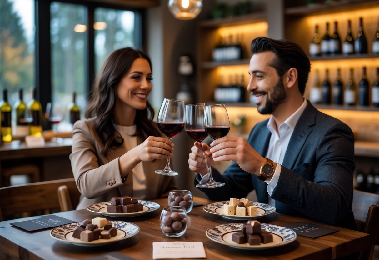 A couple enjoying wine and chocolate at a cozy tasting event with wine glasses and plates of chocolates on a wooden table indoors.
