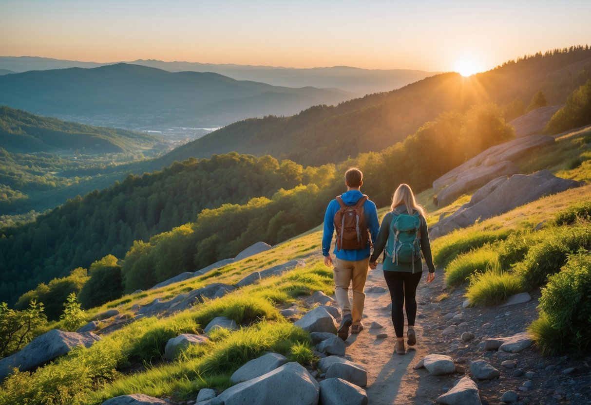Couple hiking on a trail at sunrise in a mountainous park with green vegetation and rocky terrain.