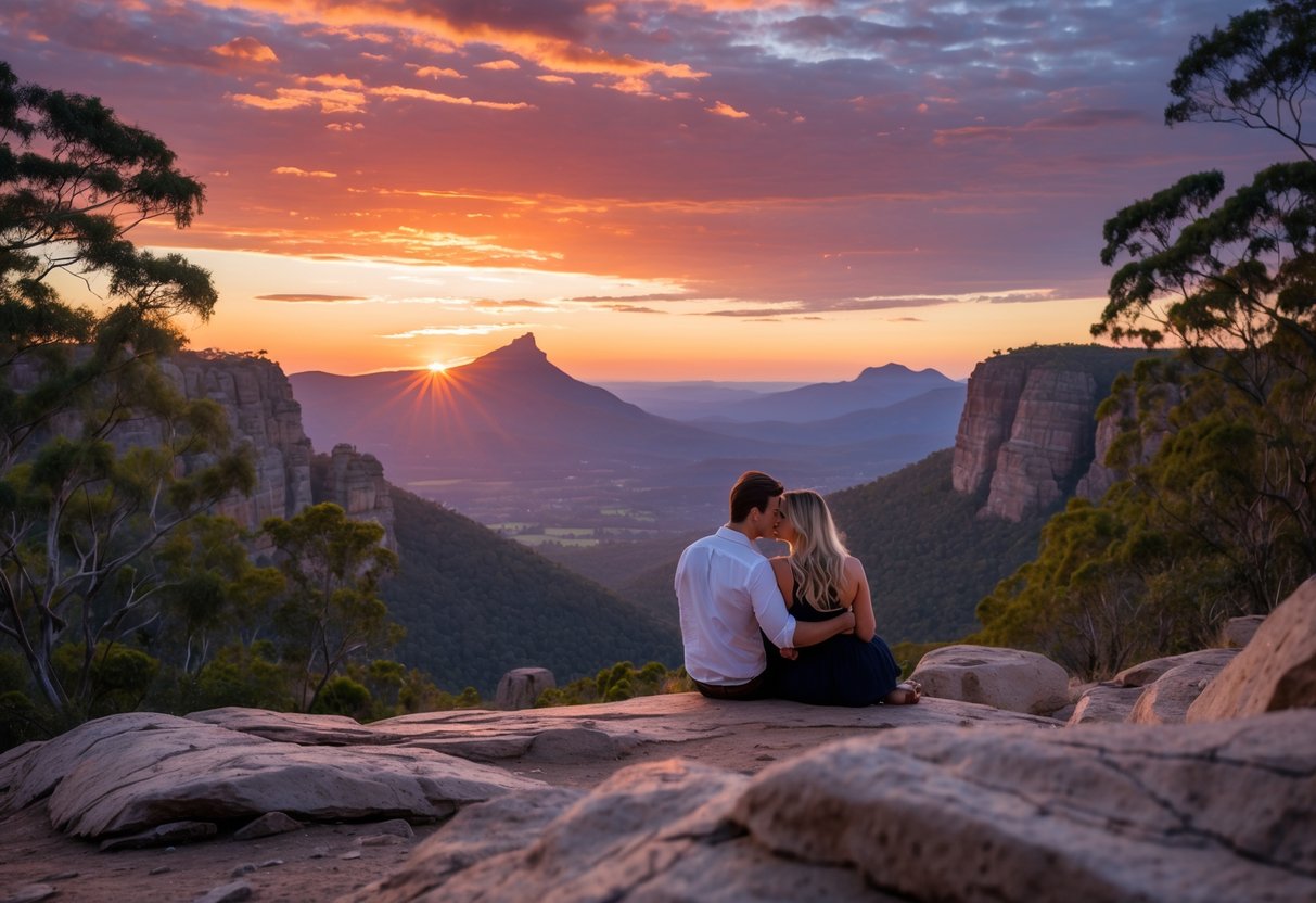 A couple sitting together on a scenic overlook at Mount Shaw during a colorful sunset with mountains and trees in the background.
