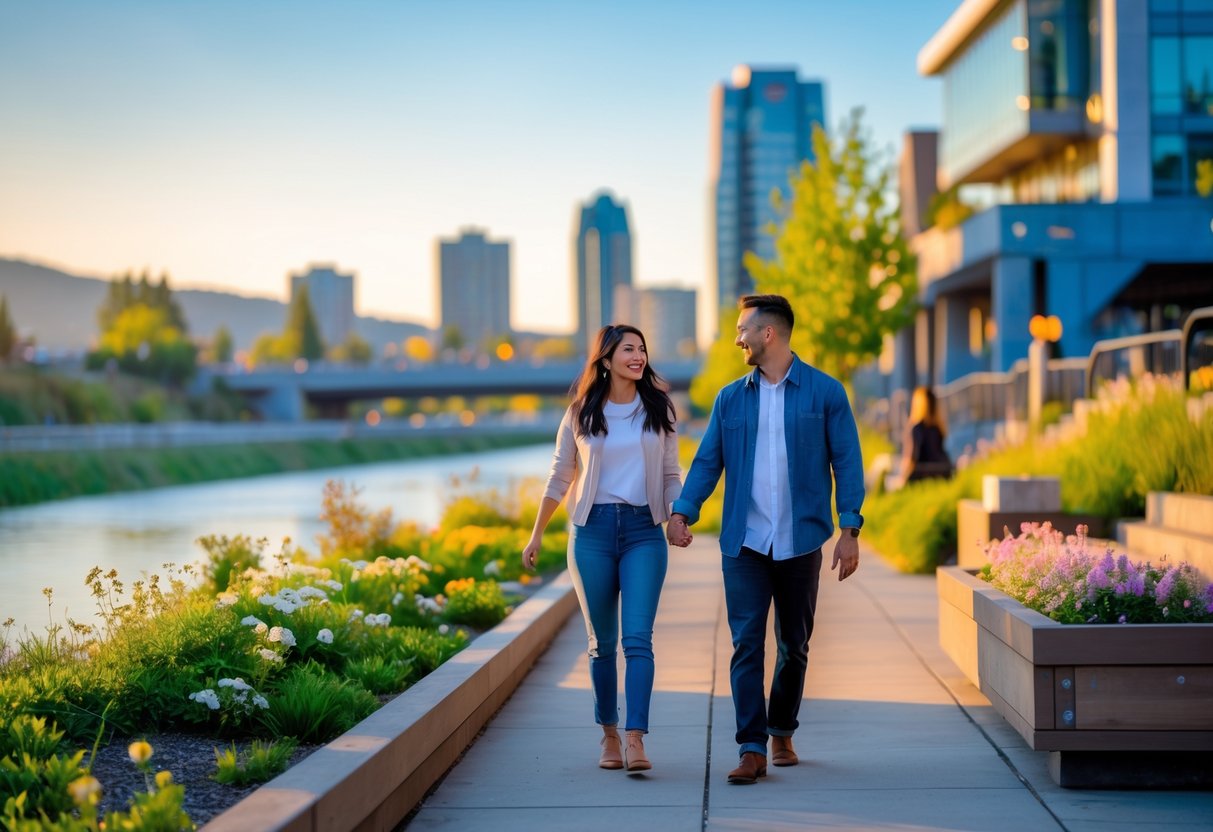 A couple walking hand-in-hand along a riverwalk with greenery and hills in the background during sunset.