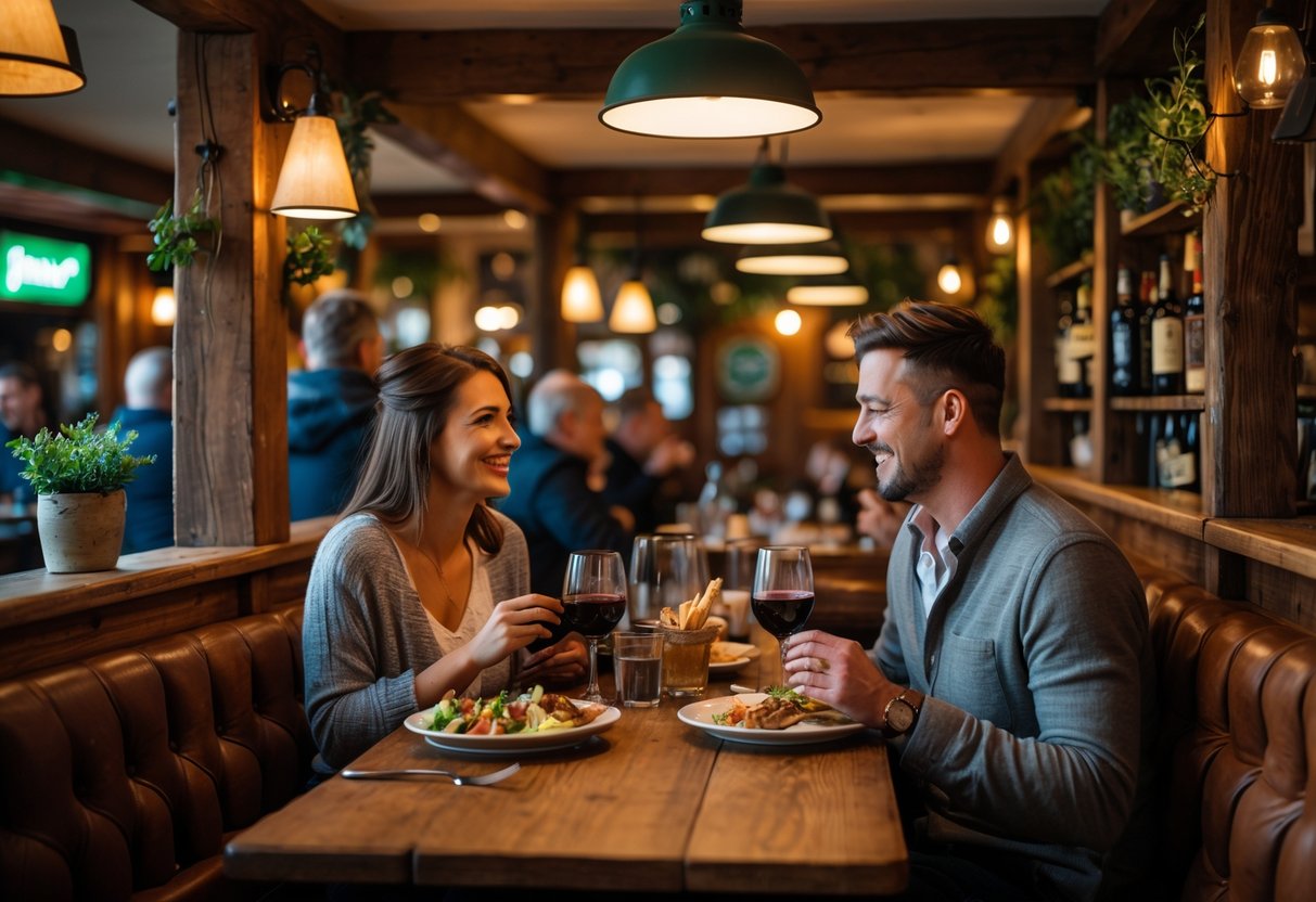 A couple enjoying a cozy meal together at a wooden table inside a warm and inviting pub.