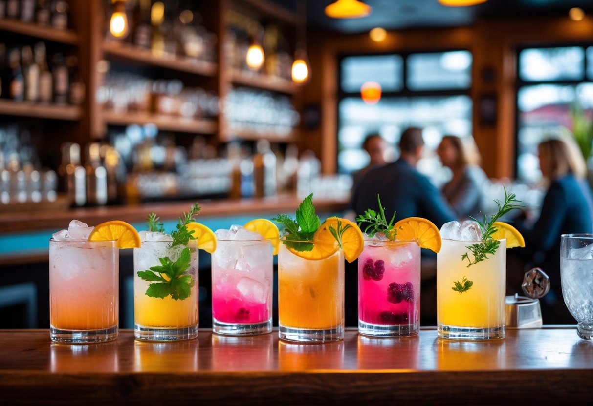 A cozy local bar with craft cocktails on the counter and people talking in the background.