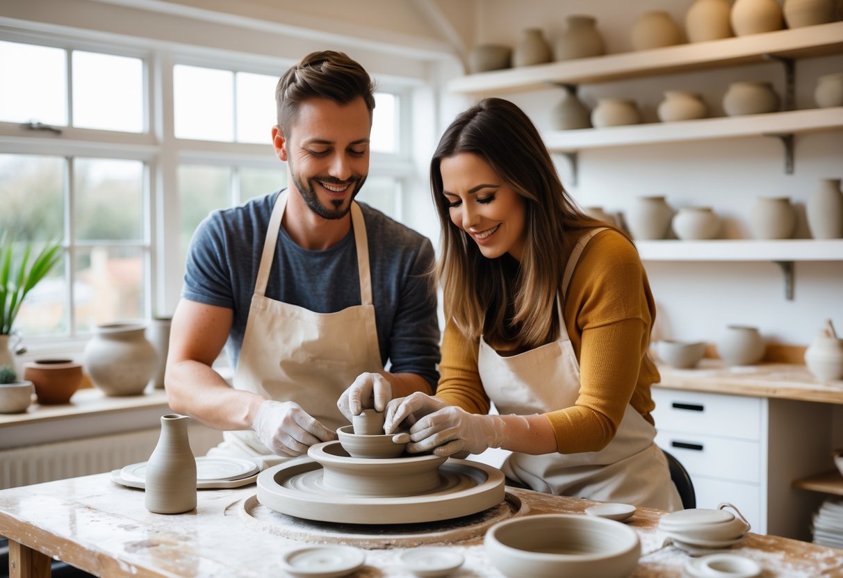 A couple shaping clay on a pottery wheel together in a bright pottery studio.