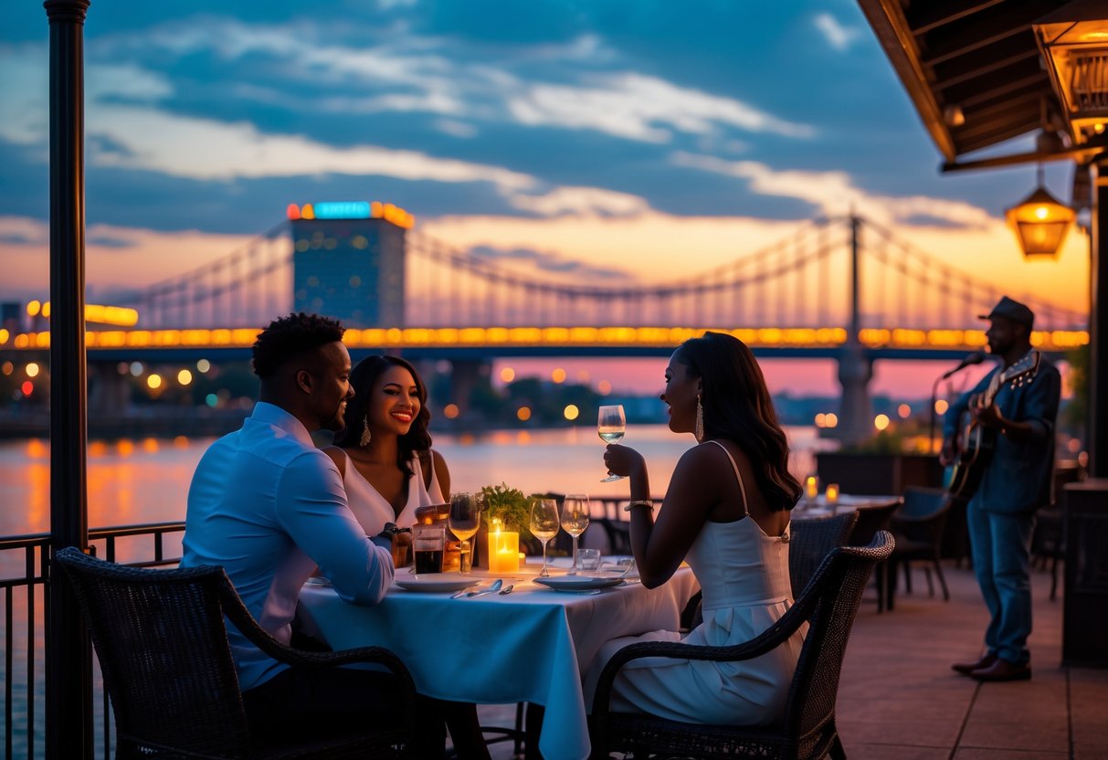A couple enjoying a romantic dinner by the Mississippi River with the Memphis skyline and illuminated bridge in the background at sunset.