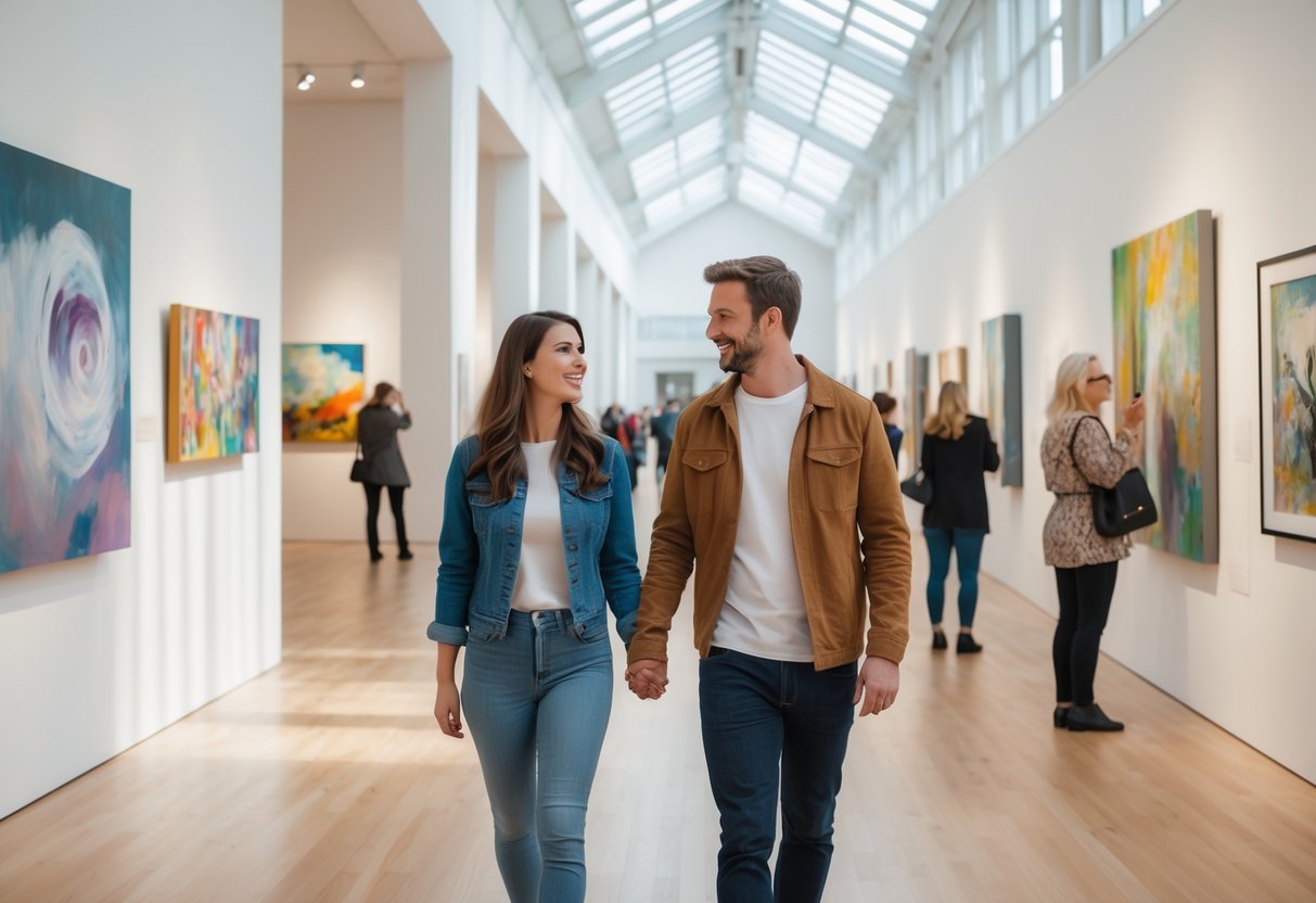 A young couple walking hand in hand inside an art gallery, looking at paintings on the walls with other visitors in the background.