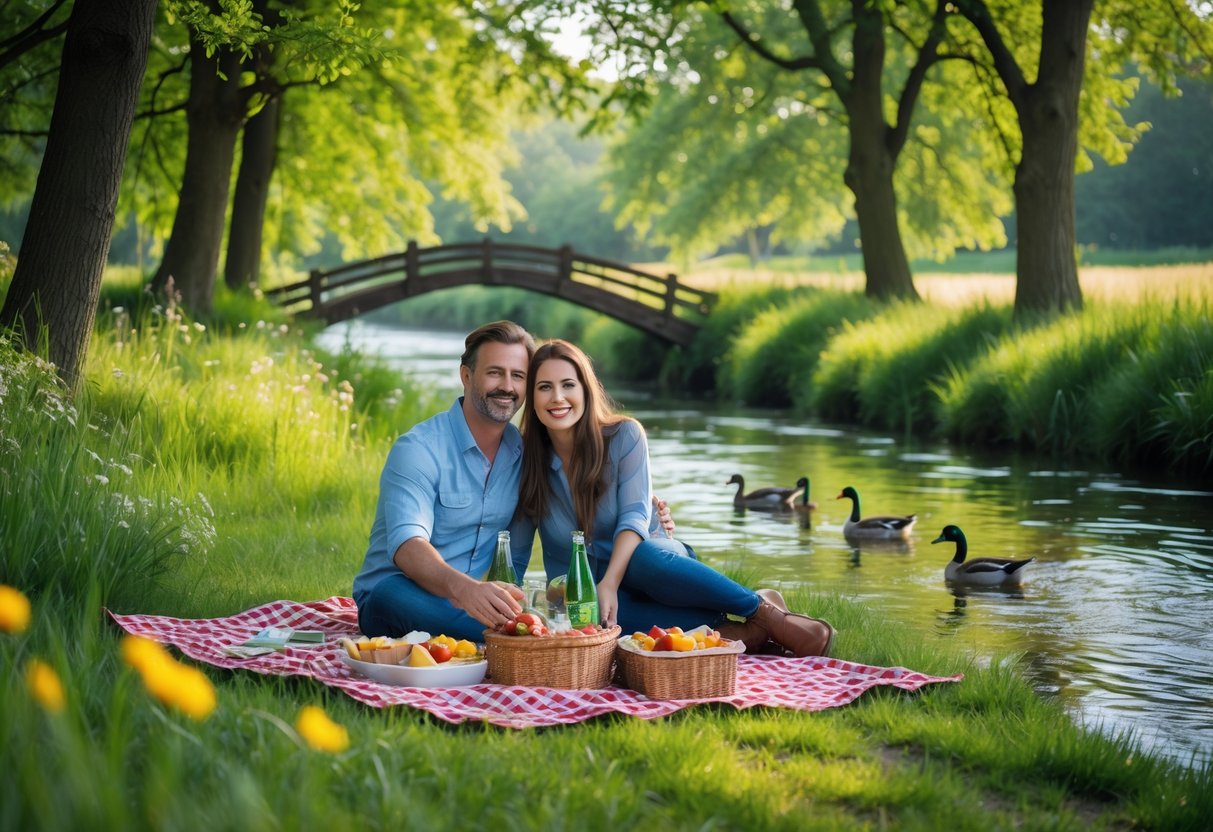 A couple having a picnic on a blanket by a river in a green park with trees and a wooden footbridge in the background.